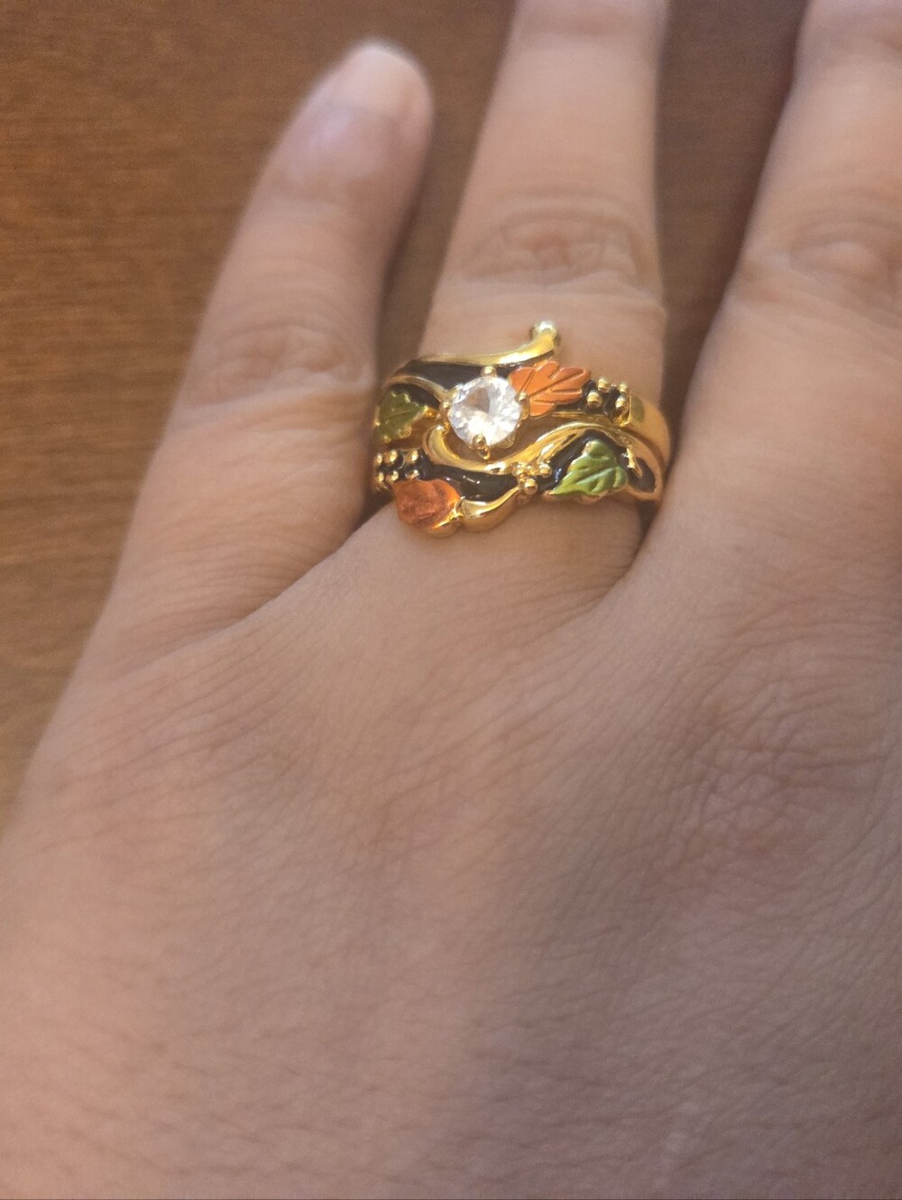 Gold Floral Enamel Ring with Clear Stone